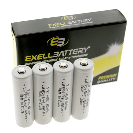Exell Battery LiFePO4 Lithium Phosphate 3.2V 600mAh AA Rechargeable Batteries 4Pk EB-LFP-14500-600-4PK